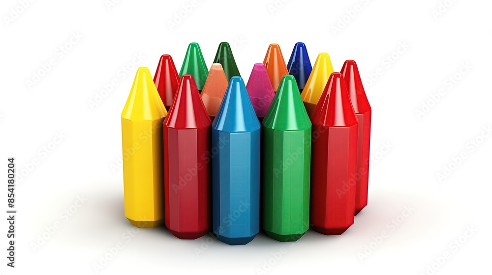 Poster 3d rendering of a set of colored wax crayons. the crayons are arranged in a circle. the colors are b