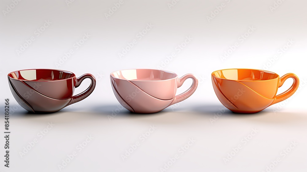 Poster three elegant cups of different colors, placed in a row on a white background. the cups are made of 