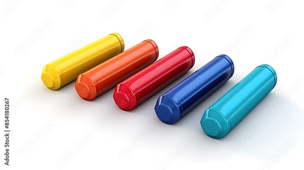 Poster 3d rendering of a set of five colored markers. the markers are arranged in a row, with the yellow ma