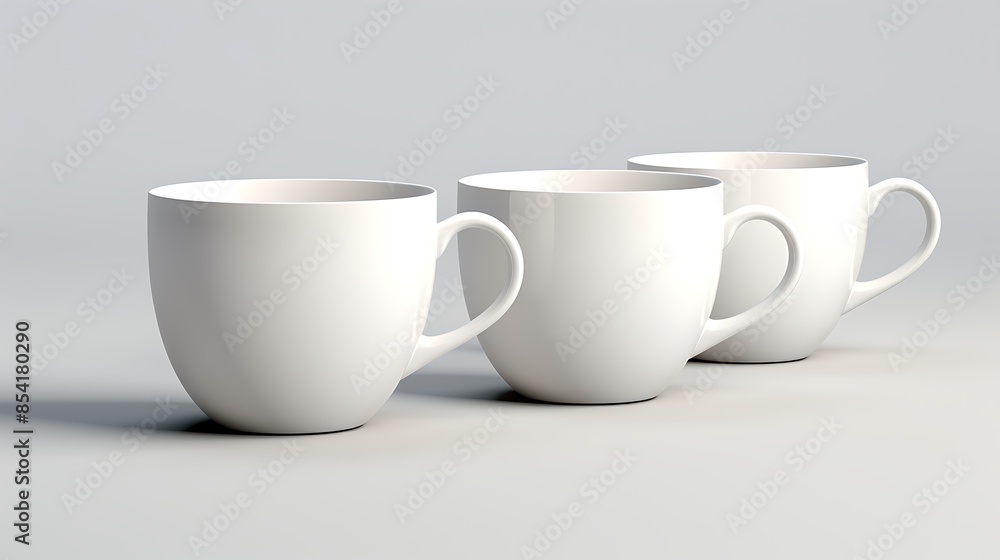 Poster three white ceramic cups are arranged in a row on a solid white background. the cups are all the sam