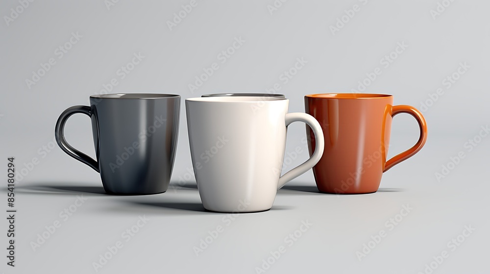 Poster a simple image of three coffee mugs on a solid background. the mugs are arranged in a diagonal line,