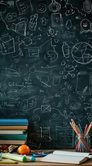 Fototapeta premium School icons against composite image of black board Composite image of black board against wooden planks. AI generated illustration