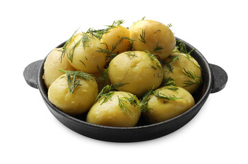 Tasty young boiled potatoes with dill in bowl isolated on white