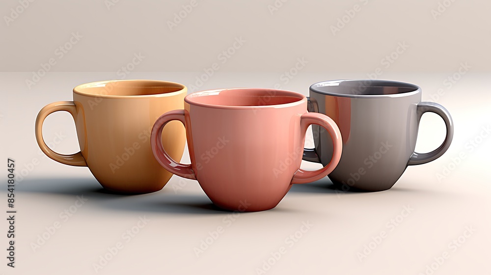 Poster three ceramic cups of different colors are placed on a beige background. the cups are arranged in a 