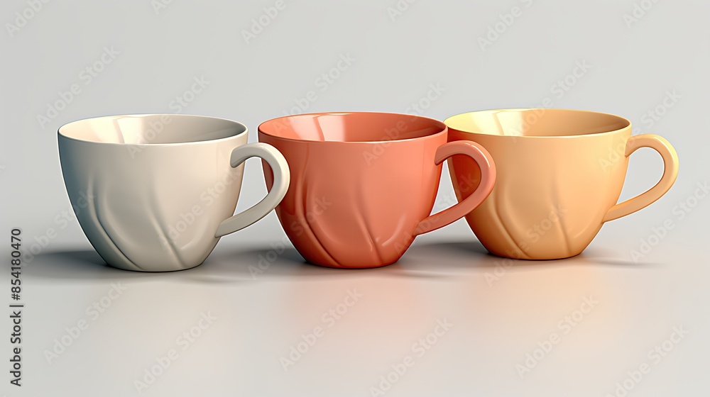 Poster three ceramic cups of different colors stand in a row against a white background. the cups are sligh