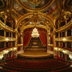 Obraz premium Majestic Opera House Interior with Golden Chandelier and Plush Red Seats Ready for Performance