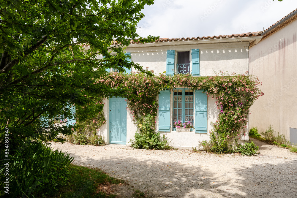 Sticker facade of a stone house with blue shutters in talmont-sur-gironde