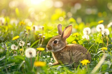 Fototapeta premium Cute little bunny in green grass with dandelions, in a spring nature background banner for Easter holiday celebration or Easter day greeting card copy space.