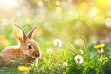 Fototapeta premium Cute little bunny in green grass with dandelions, in a spring nature background banner for Easter holiday celebration or Easter day greeting card copy space.