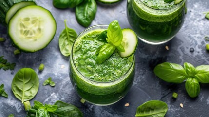 fresh green vegetable juice smoothie with spinach cucumber parsley and basil