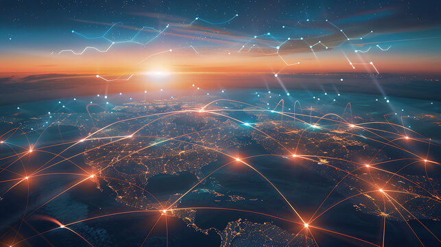 Global business network with world map and connecting flight paths