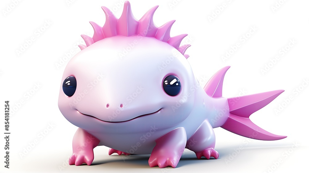 Poster cute and colorful 3d illustration of a pink axolotl, a type of salamander. it has a friendly express