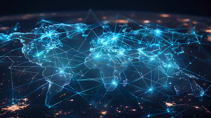 Obraz premium Global business network with world map and connecting flight paths