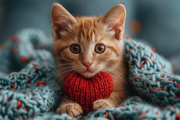 A cute kitty with a paper heart in its paws on a blue background with a copy of the space