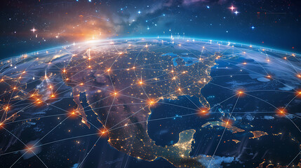 Global business network with world map and connecting flight paths