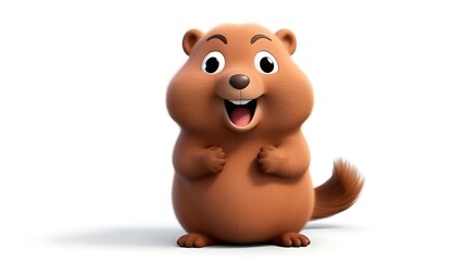 A cute and cuddly groundhog is standing on its hind legs and looking at the camera with a big smile on its face.