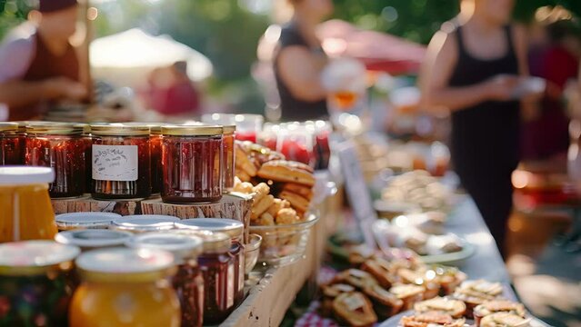 Soft edges of shoppers sampling homemade jams and baked goods in a busy farmers market.