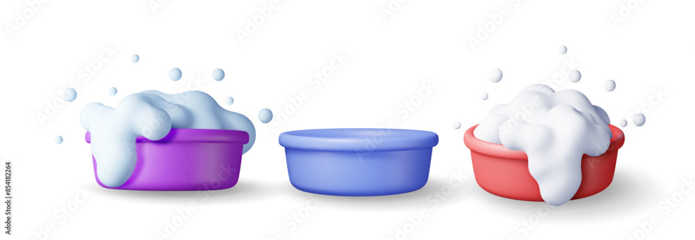 Aufkleber 3d set of plastic bucket with soapy foam and empty isolated. render bucket basin collection icon for