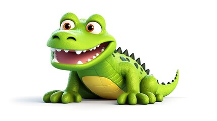 Fototapeta premium Cute and funny green crocodile smiling and sitting on a white background. It has big eyes and a toothy grin.