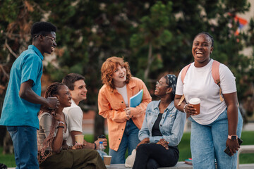 Happy interracial academic friends having fun on coffee break at campus
