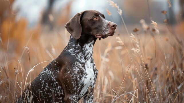 german shorthaired pointer dog hunting in dry grass field side view