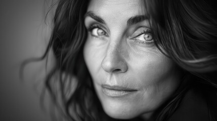 glamorous black and white studio portrait of a charming romantic 40yearold woman with beautiful eyes