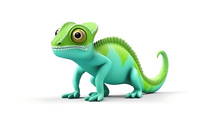 A cute and colorful chameleon is sitting on a white background. The chameleon is green and blue with big eyes and a long tail.