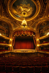 Obraz premium Majestic Opera House Interior with Golden Chandelier and Plush Red Seats Ready for Performance