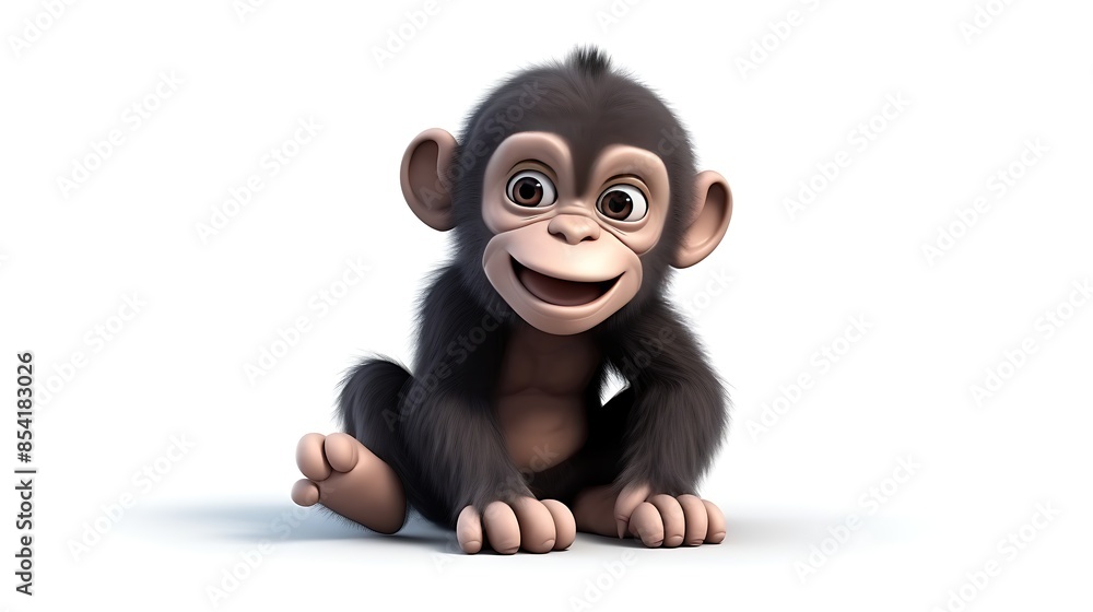 Poster this is a 3d rendering of a baby chimpanzee. the chimp is sitting on a white surface and looking at 