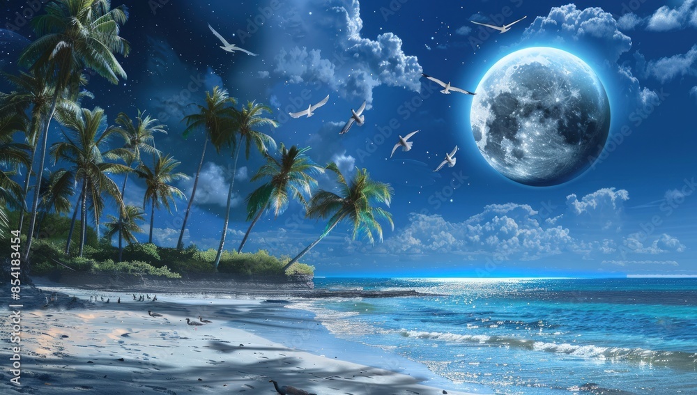 Poster a beautiful beach scene with a large moon in the sky. generate ai image