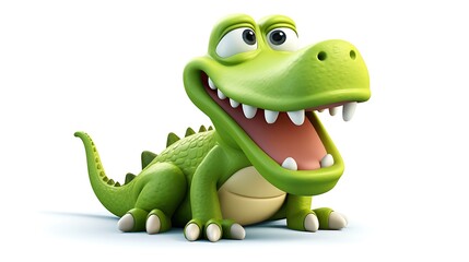 Fototapeta premium Cute and funny green cartoon crocodile smiling happily. 3D illustration.