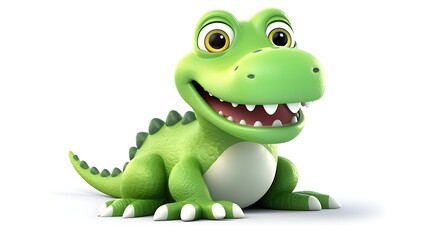 Fototapeta premium Cute and funny green dinosaur smiling and looking at the camera. 3D rendering of a cartoon character.
