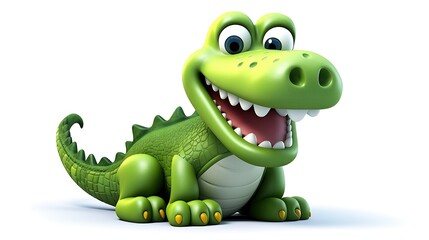 Fototapeta premium A cute and friendly green cartoon crocodile is sitting on a white background. The crocodile has big, happy eyes and a wide smile.