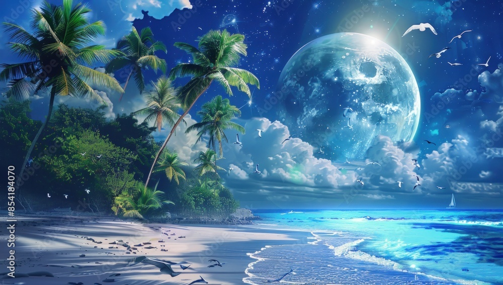 Poster a beautiful beach scene with a large moon in the sky. generate ai image