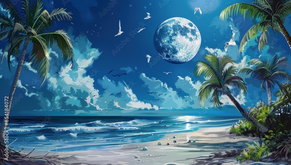 Poster a beautiful beach scene with a large moon in the sky. generate ai image
