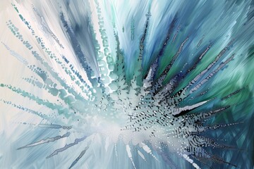 Abstract illustration, a composition of radiating dots and streaks in black, white, blue and green