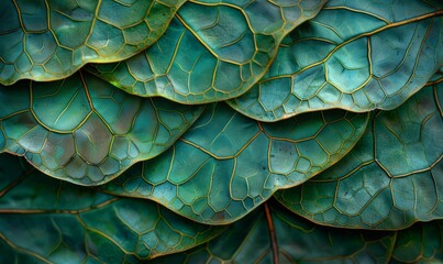 Obraz premium A detailed view capturing the vibrant green leaves of a plant up close. Each leaf is intricately shaped and textured, showing the veins and patterns unique to this plant species