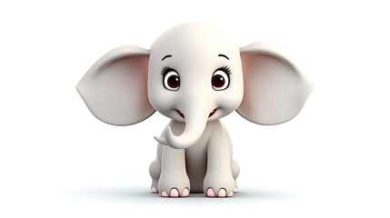 This adorable baby elephant is sitting on a white background. It has big, floppy ears and a long trunk. Its eyes are wide and its mouth is smiling.