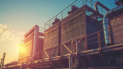 Fototapeta premium industrial air filter illuminated by warm sunset glow factory backdrop industrial photography