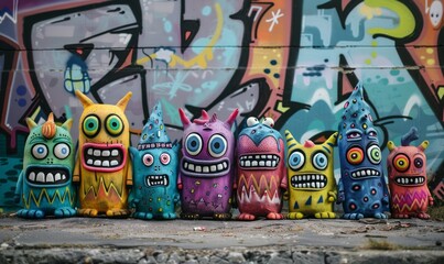 A group of cute little monsters with cartoon graffiti style illustrations, abstract memphis