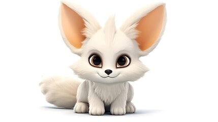 Cute cartoon fennec fox sitting down, isolated on white background. 3D rendering.