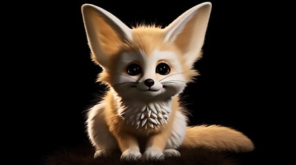 Obraz premium Cute Fennec Fox Kit Sits On The Ground And Looks At The Camera With Big Eyes
