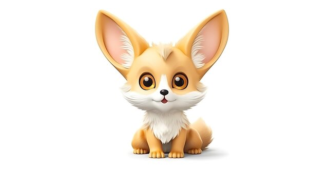 Cute cartoon fennec fox sitting down, isolated on white background. 3D rendering.