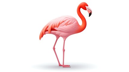 Obraz premium A beautiful pink flamingo standing on one leg in a white background. The flamingo is looking to the left of the frame.