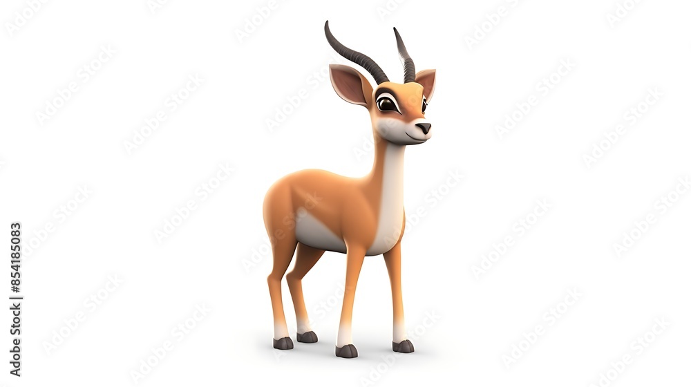 Poster 3d rendering of a cute cartoon gazelle, standing on a white background and looking at the camera wit