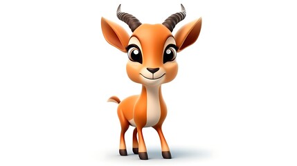 Obraz premium Cute cartoon antelope with big eyes. It has tan fur and black horns. It is standing on a white background.