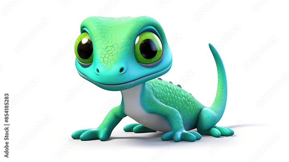 Poster cute green lizard smiling and looking at the camera. 3d rendering.