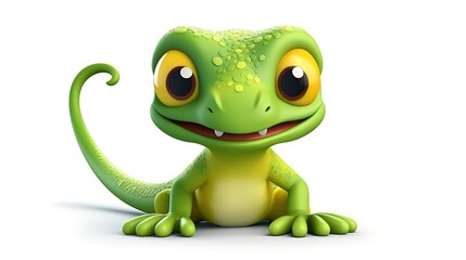 Fototapeta premium A cute green lizard with big eyes is sitting on a white background. The lizard has a friendly smile on its face and is looking at the viewer.