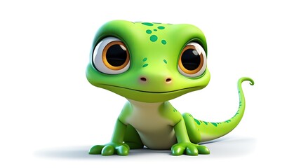 Fototapeta premium Cute green gecko with big eyes sitting on a white background. 3D rendering.