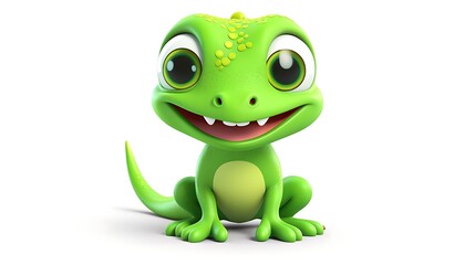 Obraz premium A cute green lizard is sitting on a white background. The lizard has big eyes and a friendly smile.
